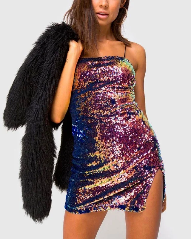 Motel Lucky Mini Dress in Dragon Fruit Sequin Comfortable Linen Mini Dress