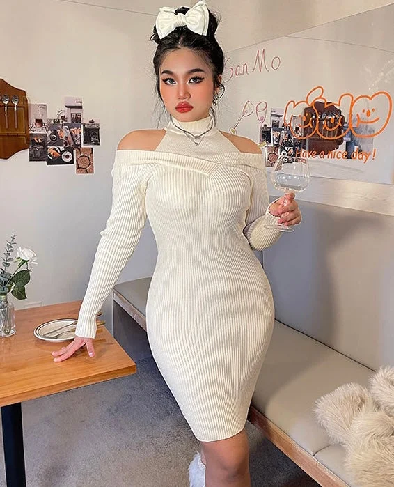 Nora Solid Color Apricot Faux Two Piece Turtleneck Long Sleeve Slim Ribbed Mini Dress Trendy Bodycon Mini Dress