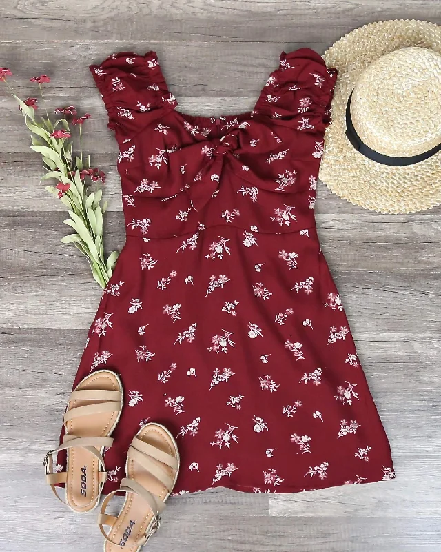 Off The Shoulder Sweetheart Front Tie Fit and Flare Mini Dress - Floral Burgundy Comfortable Polka Dot Mini Dress