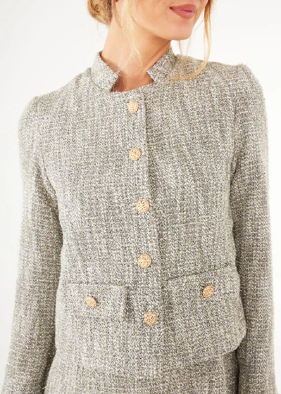 Onassis Jacket Silver Sparkle Tweed Embroidered Jacket Appliqued Jacket Beaded Jacket Onassis Jacket Silver Sparkle Tweed Embroidered Jacket Appliqued Jacket Beaded Jacket