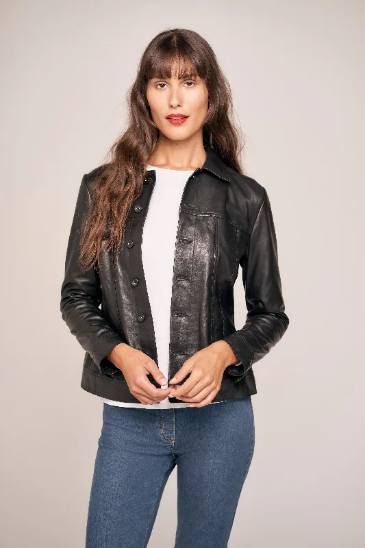Olivia Newton-John Leather Jacket A-Line Jacket Boat Neck Shawl Collar