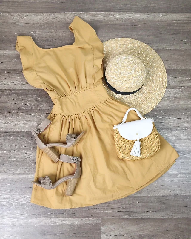 Open Bow Back Cotton Fit and Flare Mini Dress - Mustard Elegant Mini Dress with Pleats Open Bow Back Cotton Fit and Flare Mini Dress - Mustard Elegant Mini Dress with Pleats