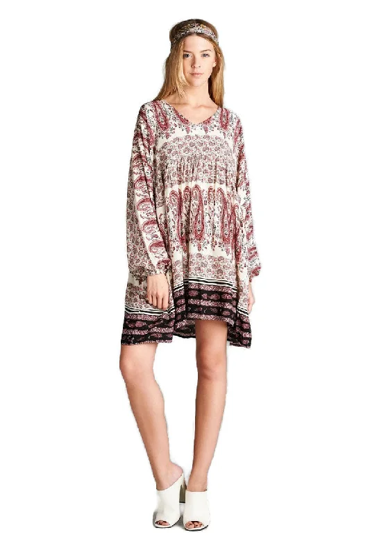 Paisley V-Neck Mini Dress, Pink Comfortable Linen Mini Dress