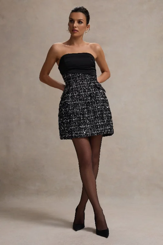 Park Avenue | Black Boucle Strapless Tailored Mini Dress Casual Button-Up Mini Dress Park Avenue | Black Boucle Strapless Tailored Mini Dress Casual Button-Up Mini Dress