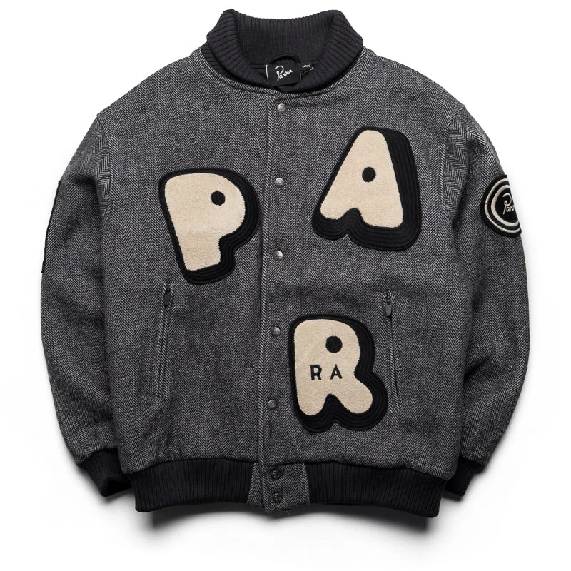 Parra Rounded PAR Varsity Jacket - Dark Grey Print Jacket Jacquard Jacket Embroidered Jacket Parra Rounded PAR Varsity Jacket - Dark Grey Print Jacket Jacquard Jacket Embroidered Jacket