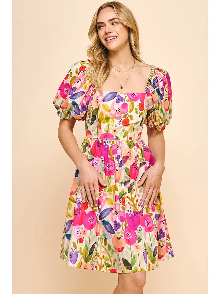 FLORAL PRINT MINI DRESS Elegant Mini Dress with Pleats