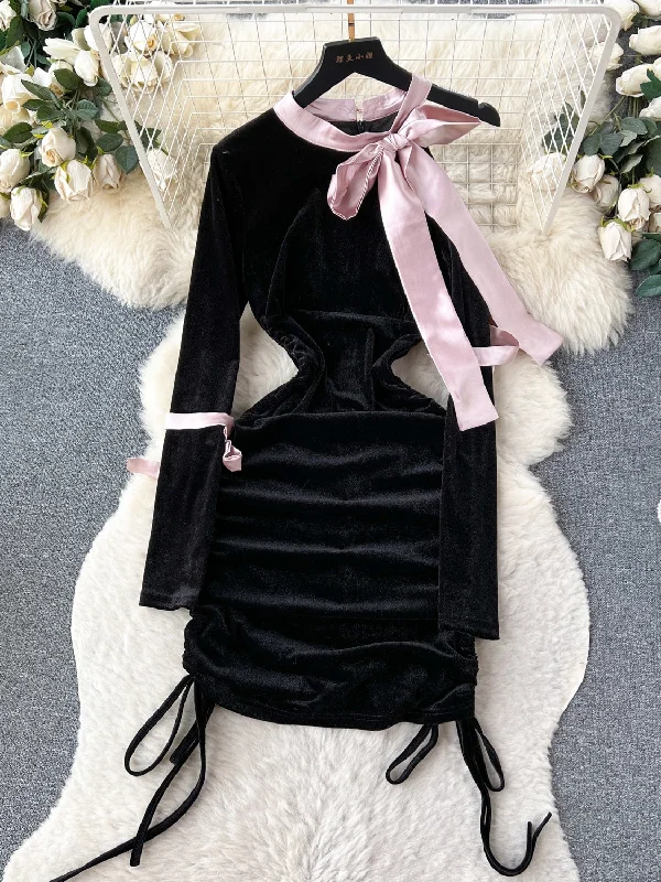 Playful Pink Ribbons Black Velvet Mini Dress Elegant Mini Dress with Pleats