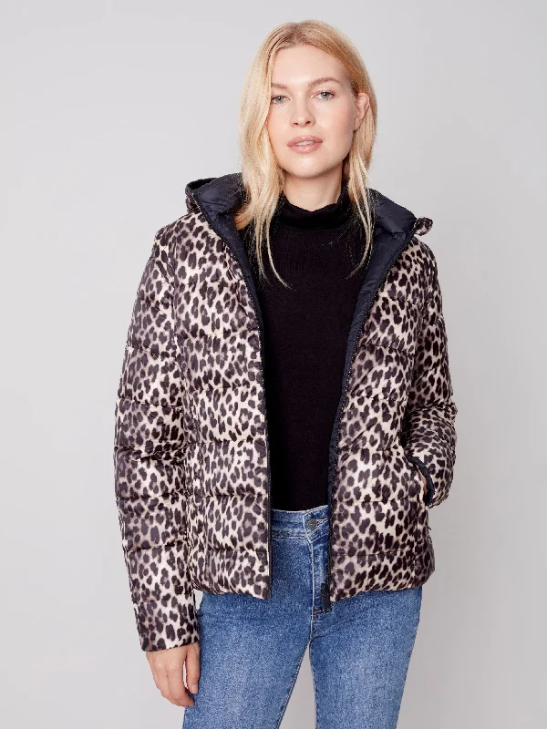 Printed Puffer Jacket with Hood - Black Zip Front Button Front Snap Front