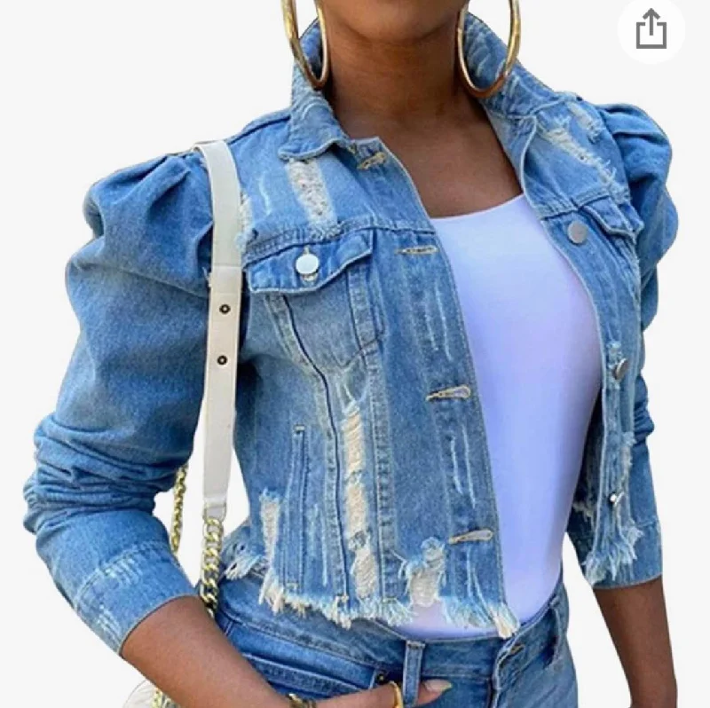 puff sleeve jean jacket $99 Tailored Jacket Straight Jacket A-Line Jacket