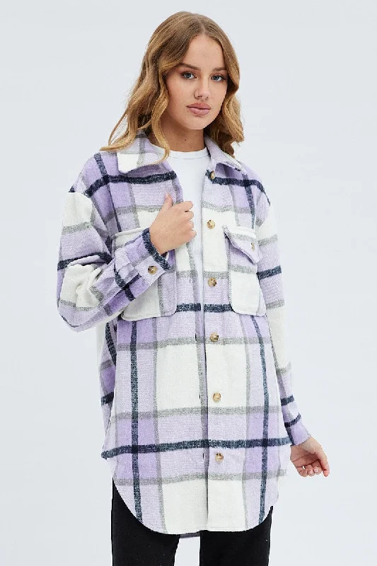 Purple Check Long Checked Print Jacket Long Sleeves Faux Fur Jacket Real Fur Jacket Shearling Jacket Purple Check Long Checked Print Jacket Long Sleeves Faux Fur Jacket Real Fur Jacket Shearling Jacket