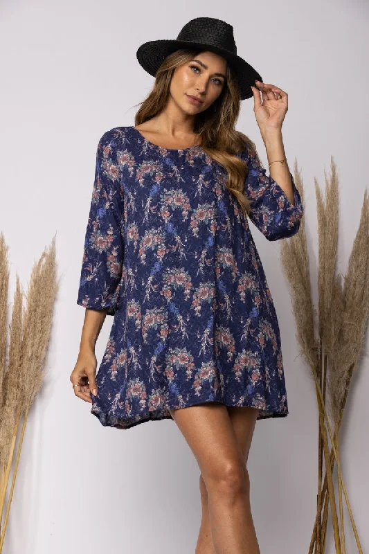 NAVY FLORAL PRINT SWING MINI DRESS-D35263 Classic Floral Print Mini Dress