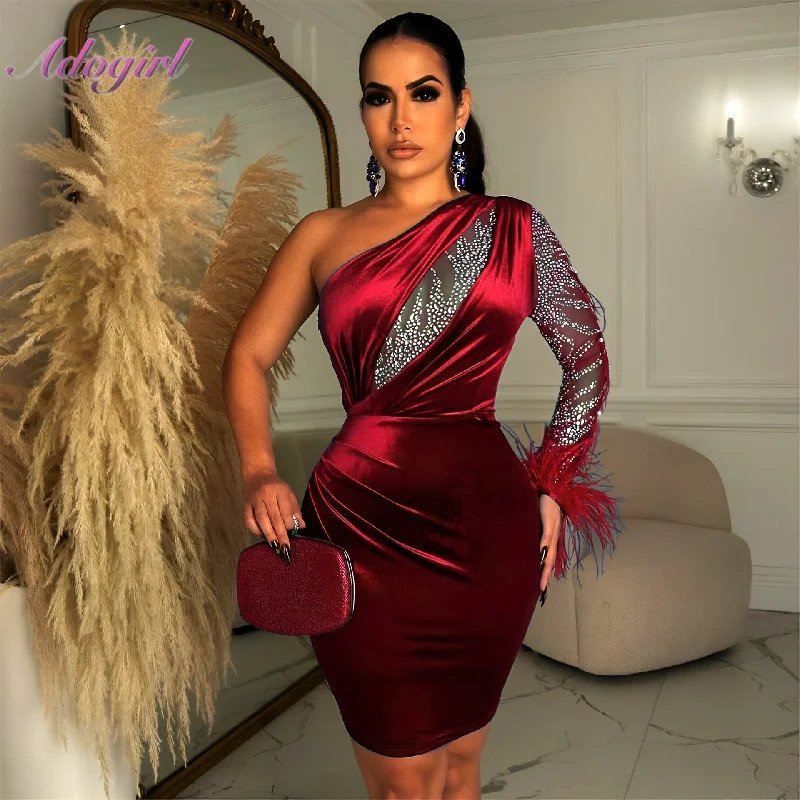 ADOGIRL Bling Feather Velvet Chic Mini Dress Cozy Cowl Neck Mini Dress