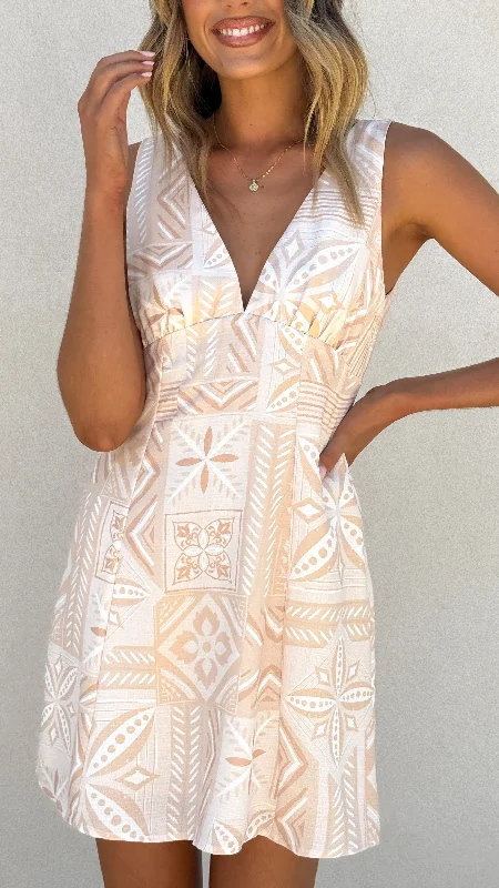 Sienna Mini Dress - Beige Summer Chic Mini Dress with V-Neck