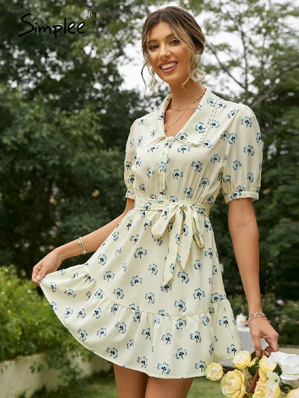 SIMPLEE Lace Collar Puff Sleeve Floral Print Tie Belt Mini Dress Stylish Ribbed Mini Dress SIMPLEE Lace Collar Puff Sleeve Floral Print Tie Belt Mini Dress Stylish Ribbed Mini Dress