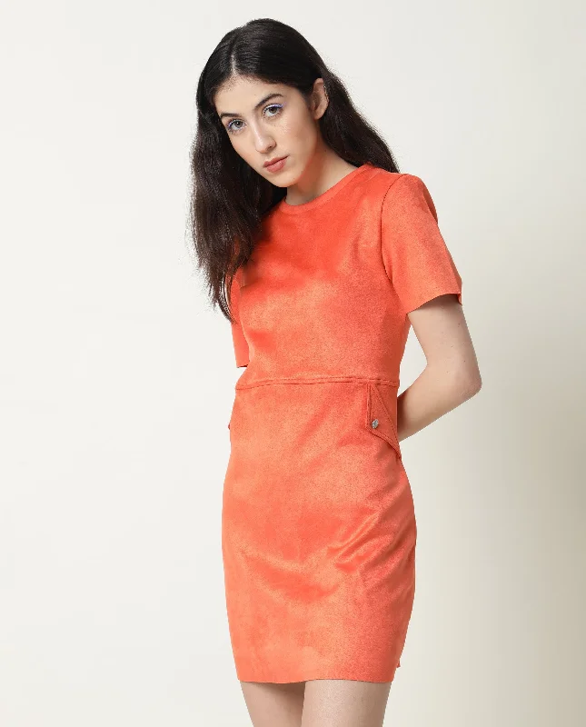 Rareism Women Sions Orange Round Neck Short Sleeves Pseudo Side Pockets Mini Dress Fashionable Lace-Trim Mini Dress