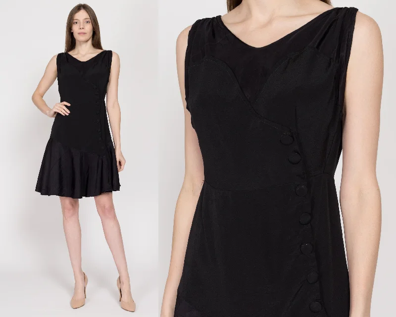 Sm-Med 1920s Black Crepe Button Front Mini Dress Classic Striped Mini Dress