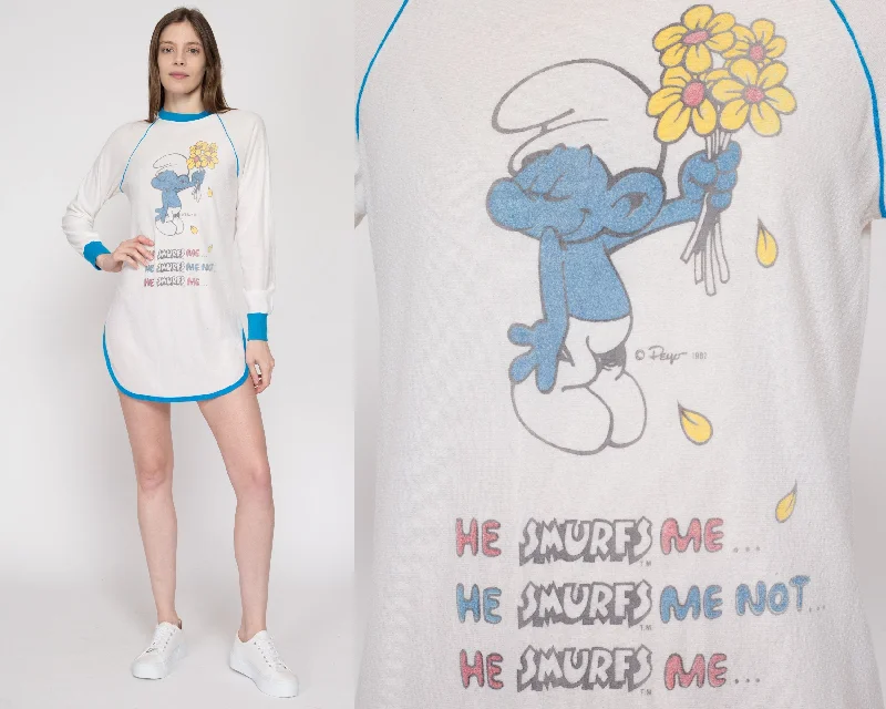 Small 80s The Smurfs Pajama Mini Dress Fashionable Mini Dress with Pockets
