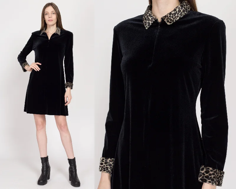 Small 90s Black Velvet Leopard Trim Long Sleeve Mini Dress Elegant Lace-Up Mini Dress Small 90s Black Velvet Leopard Trim Long Sleeve Mini Dress Elegant Lace-Up Mini Dress