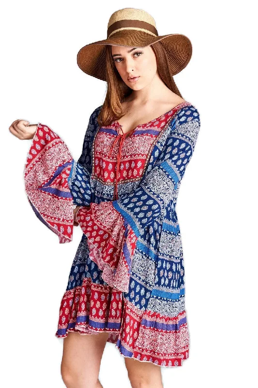 Tassel Tie Bell Sleeve Mini Dress, Blue Stylish Puff Sleeve Mini Dress