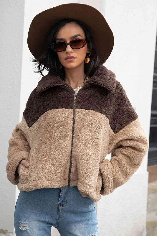 Two-Tone Collared Neck Fuzzy Jacket Wool Jacket Cashmere Jacket Tweed Jacket