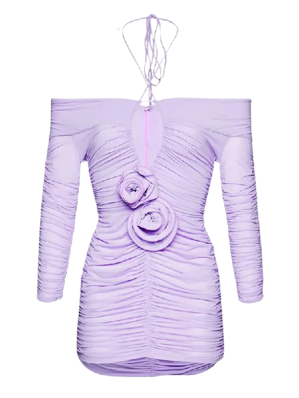 A&A Luxe Ruched 3D Flower Halter Neck Mini Dress Trendy Lace Mini Dress