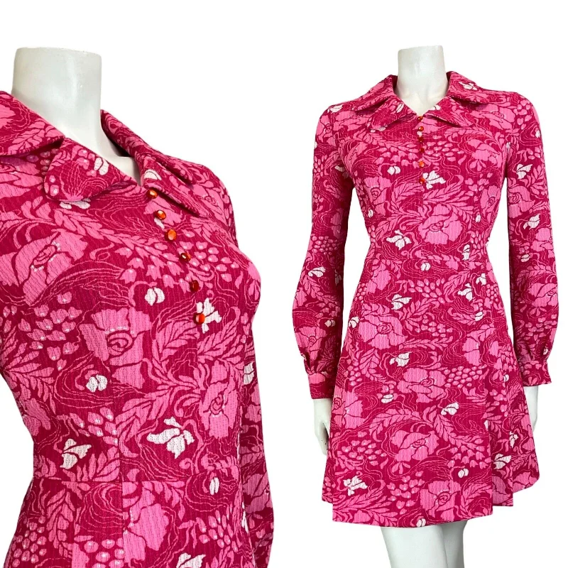VTG 60S 70S PINK PSYCHEDELIC FLORAL MOD LAPEL LONG SLEEVE MINI DRESS SIZE 10 Trendy Floral Mini Dress VTG 60S 70S PINK PSYCHEDELIC FLORAL MOD LAPEL LONG SLEEVE MINI DRESS SIZE 10 Trendy Floral Mini Dress