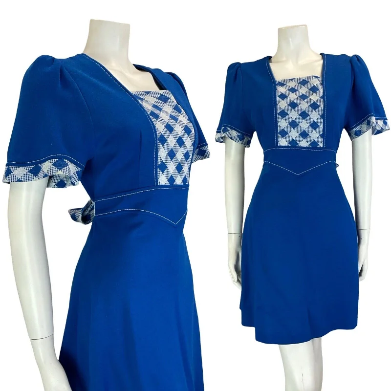 VTG 60S BRIGHT BLUE CHECKED SHORT SLEEVE TIE WAIST BOW MINI DRESS SIZE 12 Cozy A-Line Mini Dress VTG 60S BRIGHT BLUE CHECKED SHORT SLEEVE TIE WAIST BOW MINI DRESS SIZE 12 Cozy A-Line Mini Dress