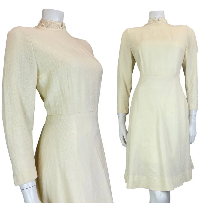 VTG 60S MOD BRIDAL BEADED MANDARIN COLLAR 3/4 SLEEVE MINI DRESS CREAM WHITE 12 Stylish Sweetheart Mini Dress VTG 60S MOD BRIDAL BEADED MANDARIN COLLAR 3/4 SLEEVE MINI DRESS CREAM WHITE 12 Stylish Sweetheart Mini Dress