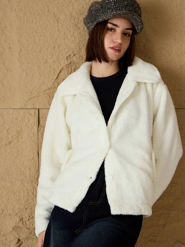 Women Off White Fur Flap Pockets Jacket Anorak Shell Jacket Lightweight Jacket