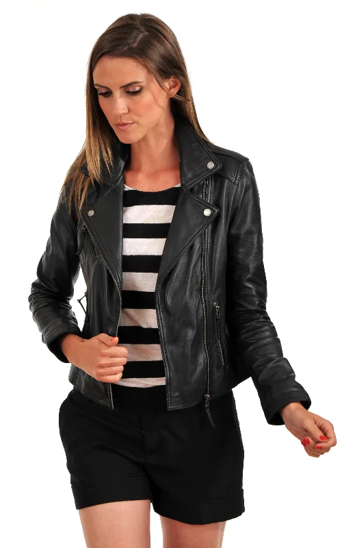 Women’s Classic Black Leather Motorcycle Jacket WJ029 Zippered Front Buttoned Front Snap Front Women’s Classic Black Leather Motorcycle Jacket WJ029 Zippered Front Buttoned Front Snap Front