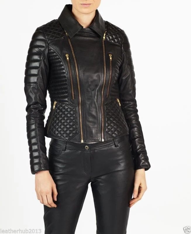 Women’s Quilted Leather Motorcycle Jacket WJ031 Welt Pockets Slit Pockets Flap Pockets Women’s Quilted Leather Motorcycle Jacket WJ031 Welt Pockets Slit Pockets Flap Pockets
