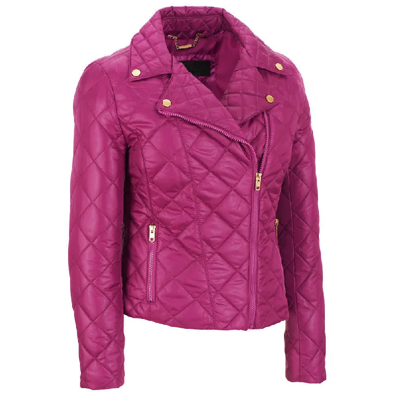 Women's Hot Pink Quilted Leather Jacket WJ036 Zip Front Button Front Snap Front