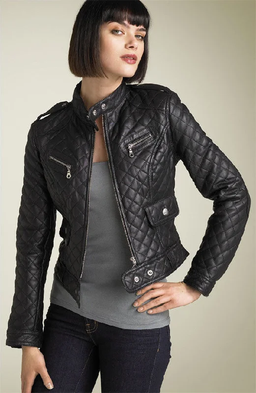 Women's Quilted Leather Jacket with Shoulder Loops WJ034 Print Jacket Jacquard Jacket Patchwork Jacket Women's Quilted Leather Jacket with Shoulder Loops WJ034 Print Jacket Jacquard Jacket Patchwork Jacket
