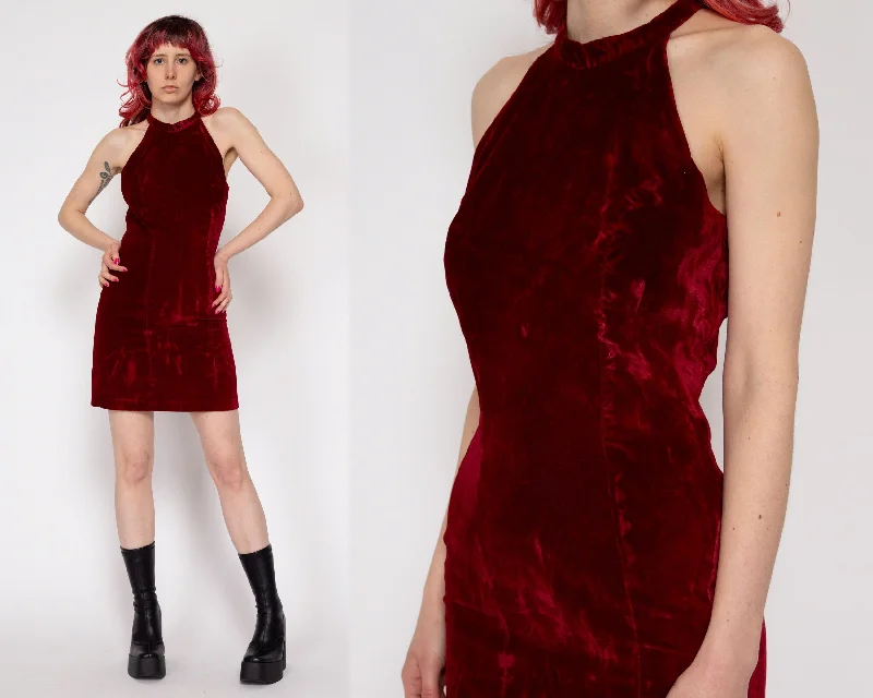 XS 90s Wine Red Velvet Racerback Mini Dress Chic Halter Mini Dress