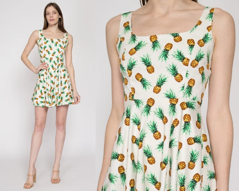 XS Y2K Pineapple Print Fit & Flare Mini Dress Trendy A-Line Mini Dress