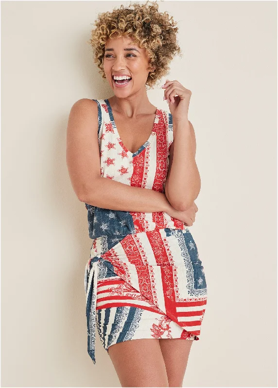 Vneck Side Wrap Mini Dress - Americana Patchwork Stripe Stylish Spaghetti Strap Mini Dress