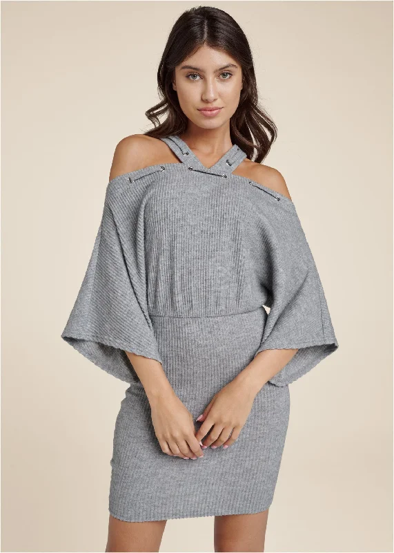 Cold-Shoulder Ribbed Mini Dress - Heather Grey Elegant Velvet Mini Dress