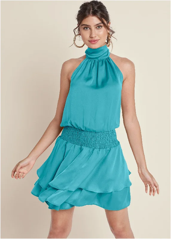 High Neck Mini Dress - Aqua Trendy Bodycon Mini Dress