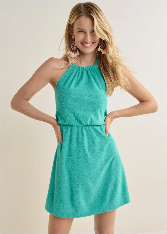 Terry Halter Mini Dress - Turquoise Comfortable Ruffle Mini Dress