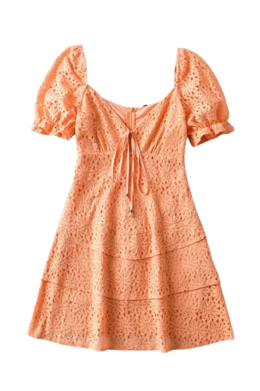 'Madelyn' Puff Sleeve Eyelet Embroidery Layered Mini Dress Fashionable Lace-Trim Mini Dress