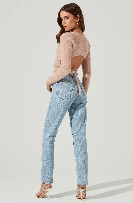 Back Cutout Tie Waist Sweater Lace Blend Ribbed Blend Corduroy Blend