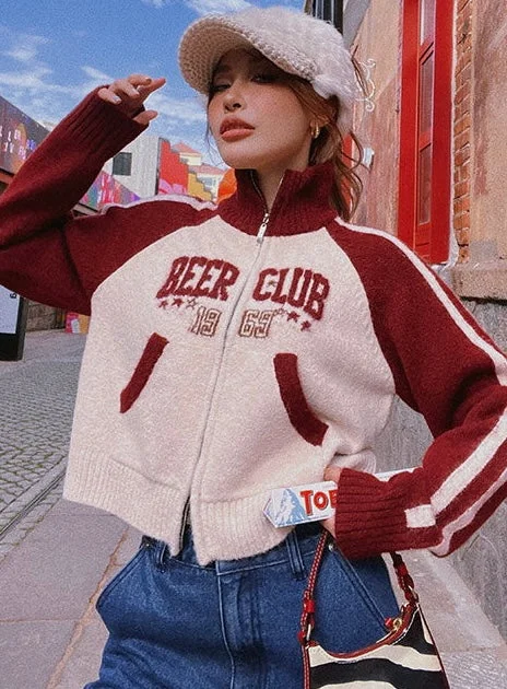 BEER CLUB Letter Embroidery Patchwork Zip Up Long Sleeve Sweater Embroidered Appliqued Beaded BEER CLUB Letter Embroidery Patchwork Zip Up Long Sleeve Sweater Embroidered Appliqued Beaded