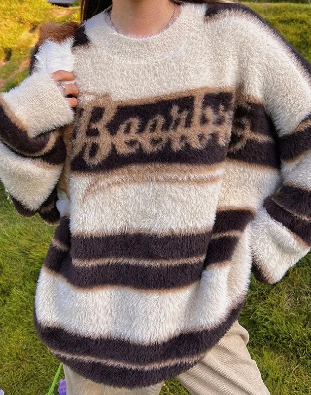 Beerbro Stripe Fleece Long Sleeve Sweater Cashmere Blend Cotton Blend Poly Blend