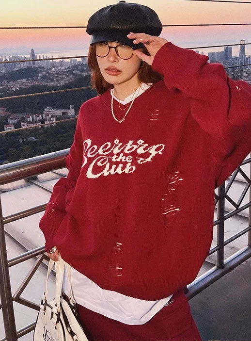 Beerbro the Club Letter Print Long Sleeve Knitted Sweater Real Fur Shearling Chenille Beerbro the Club Letter Print Long Sleeve Knitted Sweater Real Fur Shearling Chenille