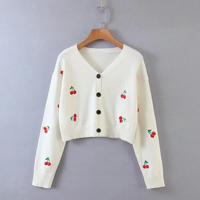 Cherry embroidered loose sweater sweet college top 7209 Denim Fabric Leather Fabric Suede Fabric Cherry embroidered loose sweater sweet college top 7209 Denim Fabric Leather Fabric Suede Fabric