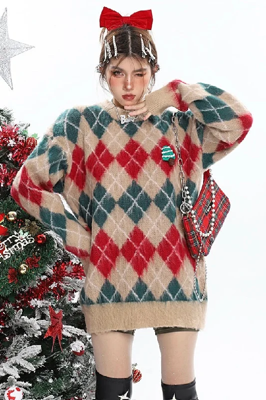 Christmas Argyle Diamond Knitted Long Sleeve Sweater Bright Pastel Dark