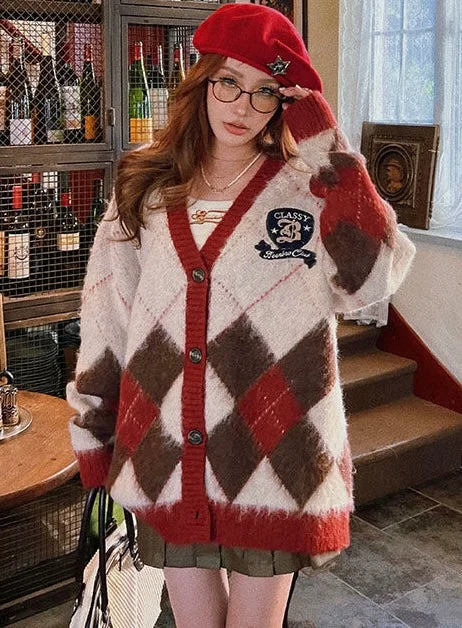 CLASSY B Argyle V-Neck Button Up Long Sleeve Sweater Bright Pastel Dark