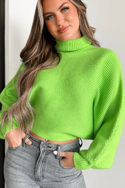 Confident Edge Turtleneck Batwing Sleeve Sweater (Lime) Chenille Fabric Brocade Fabric Lace Fabric