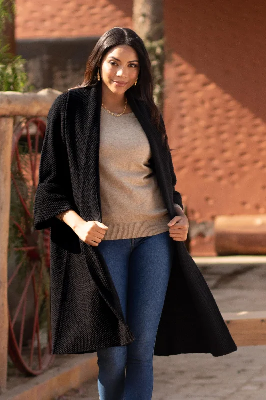 Constant Companion in Black Knit Black Sweater Coat with Belt Striped Floral Plaid