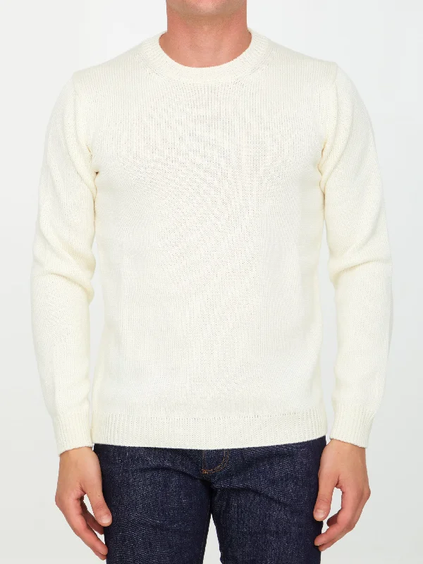 Cream Merino Wool Sweater Front Pockets Side Pockets Patch Pockets